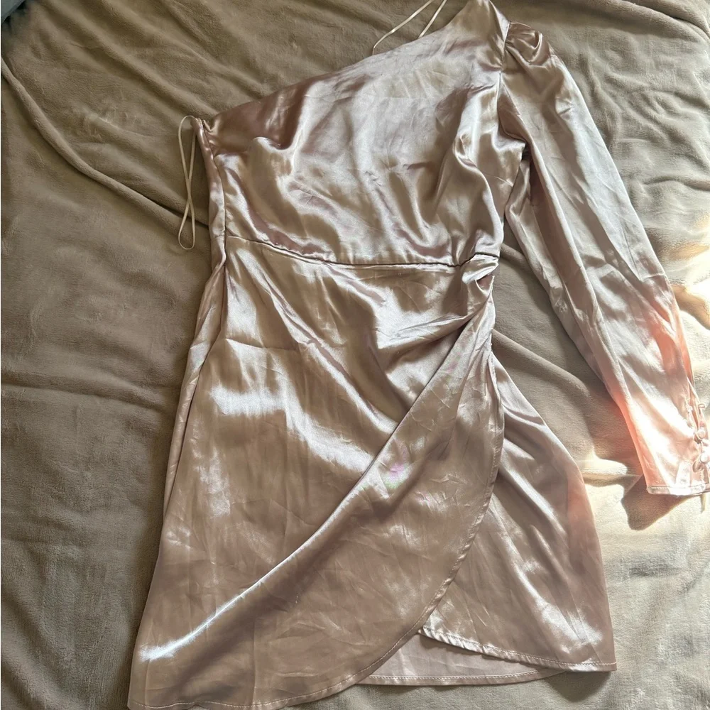 Lena One-Shoulder Satin Dress in Champagne - Picture 1 of 3